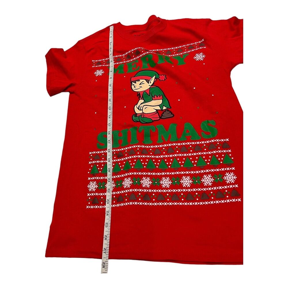 Merry Shitmas Elf Shirt Mens Small Red Funny Christmas Graphic Tee Novelty Humor - Picture 4 of 8
